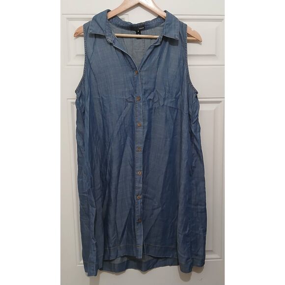 Aqua womens L swing flare shirt dress capsule denim button front pockets blue - Picture 2 of 7